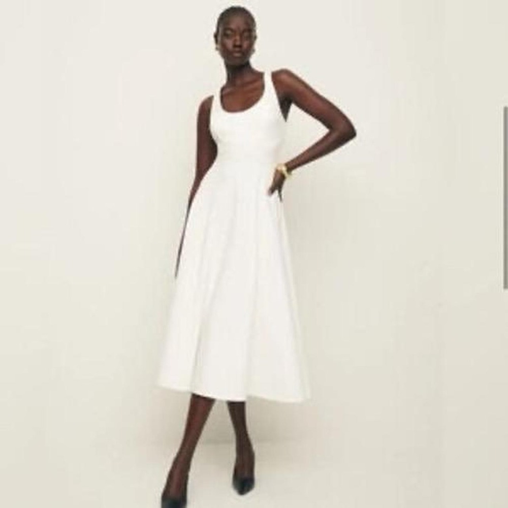 Reformation Mikol Knit Dress Ivory White Scoop Neck Midi Fit Flare NEW
